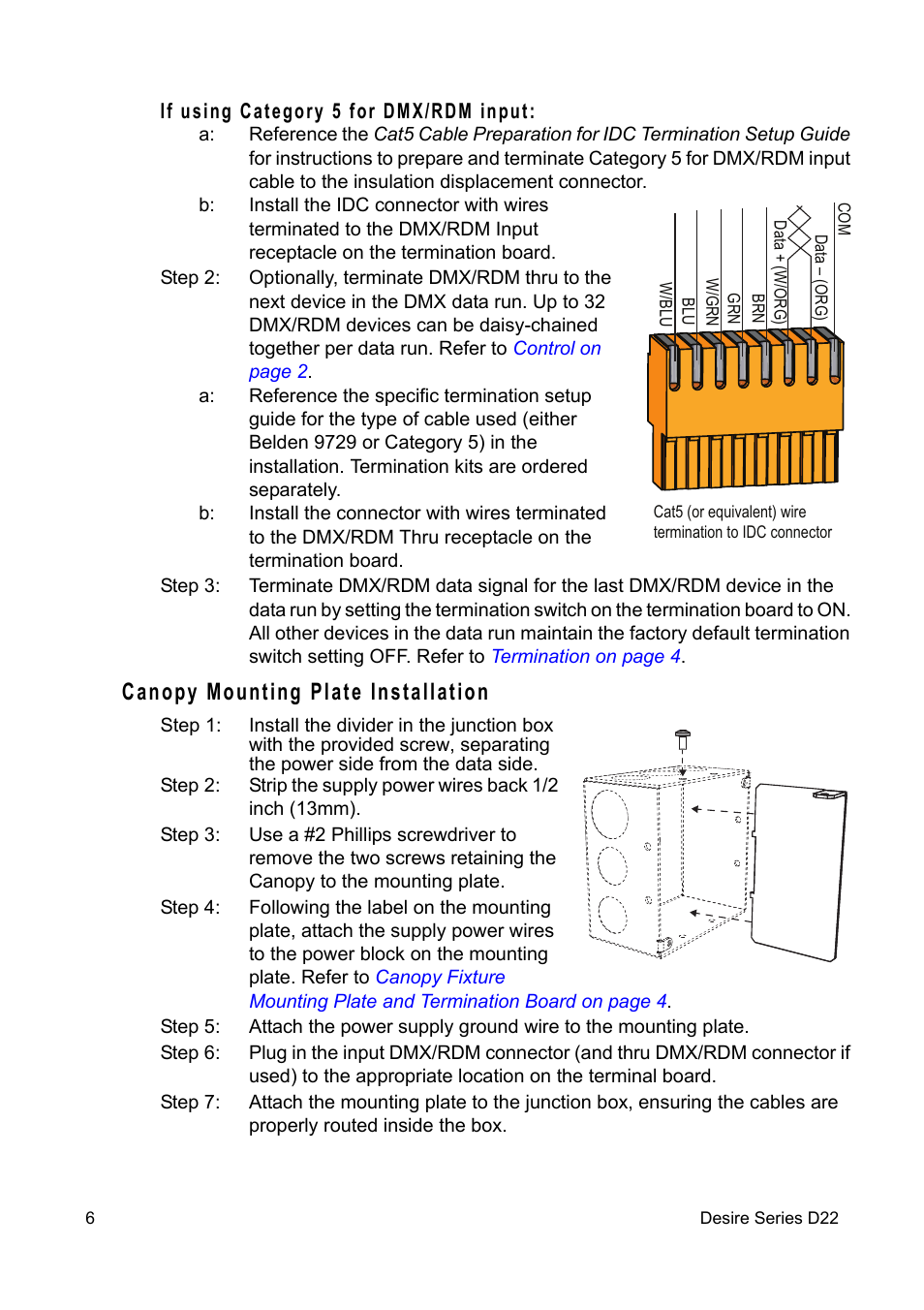 If using category 5 for dmx/rdm input, Canopy mounting plate installation | ETC Desire D22 User Manual | Page 6 / 8