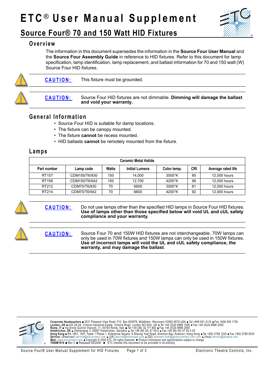 ETC Source Four HID User Manual Supplement User Manual | 3 pages