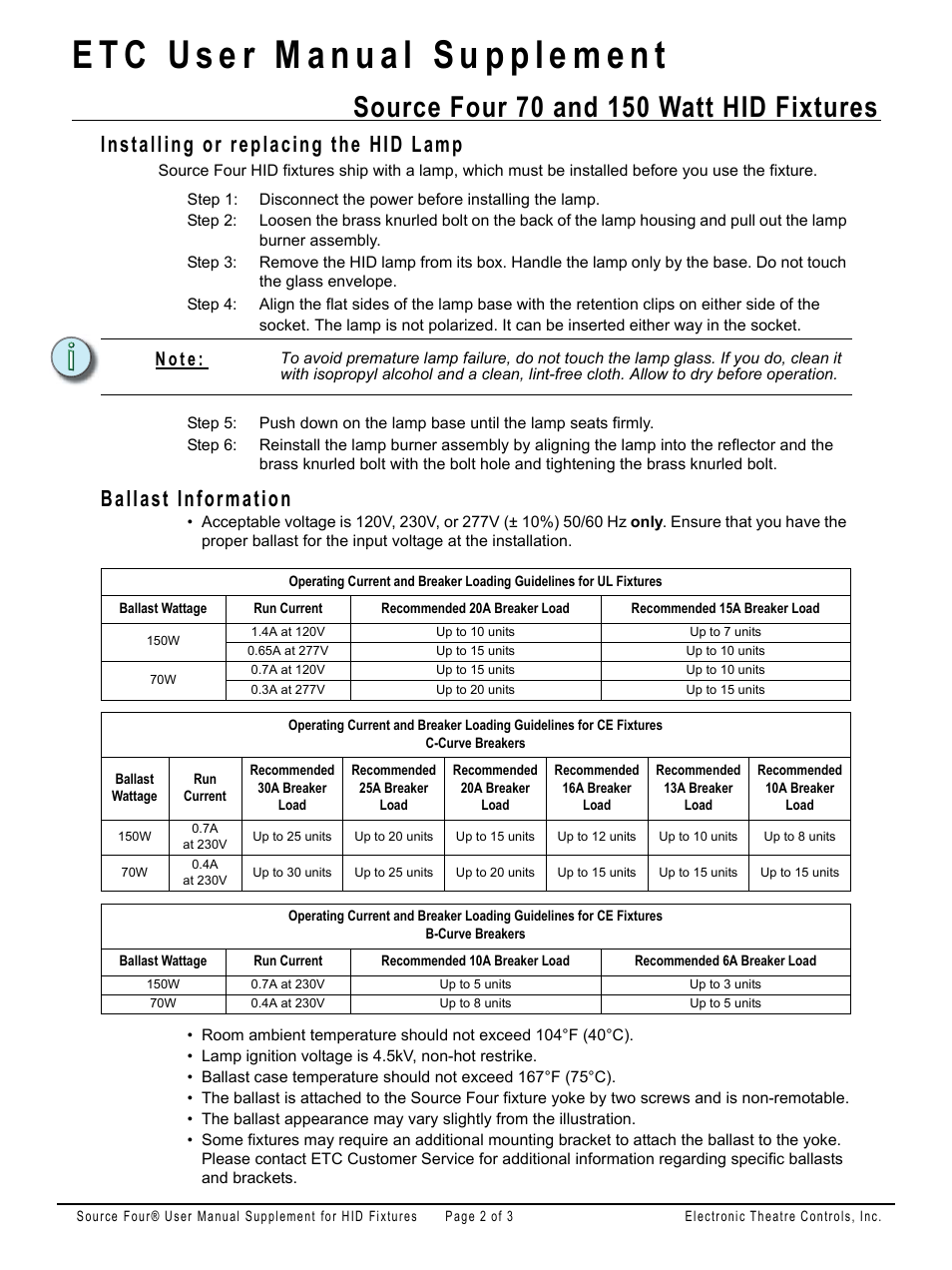 Installing or replacing the hid lamp, Ballast information, N o t e | ETC Source Four HID User Manual Supplement User Manual | Page 2 / 3