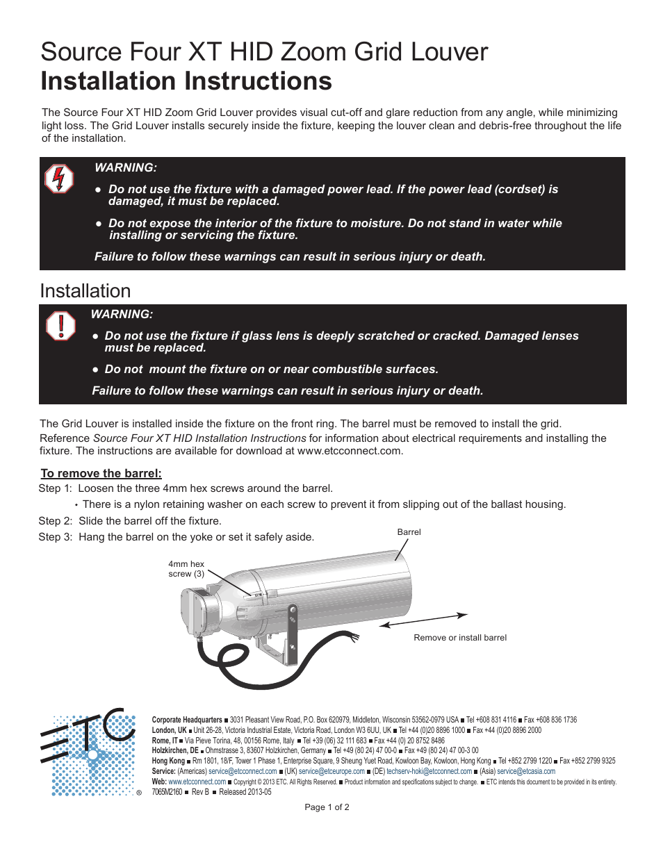 ETC Source Four XT HID Zoom Grid Louver User Manual | 2 pages