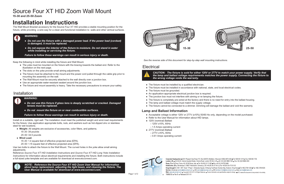 ETC Source Four XT HID Zoom Wall Mount User Manual | 2 pages