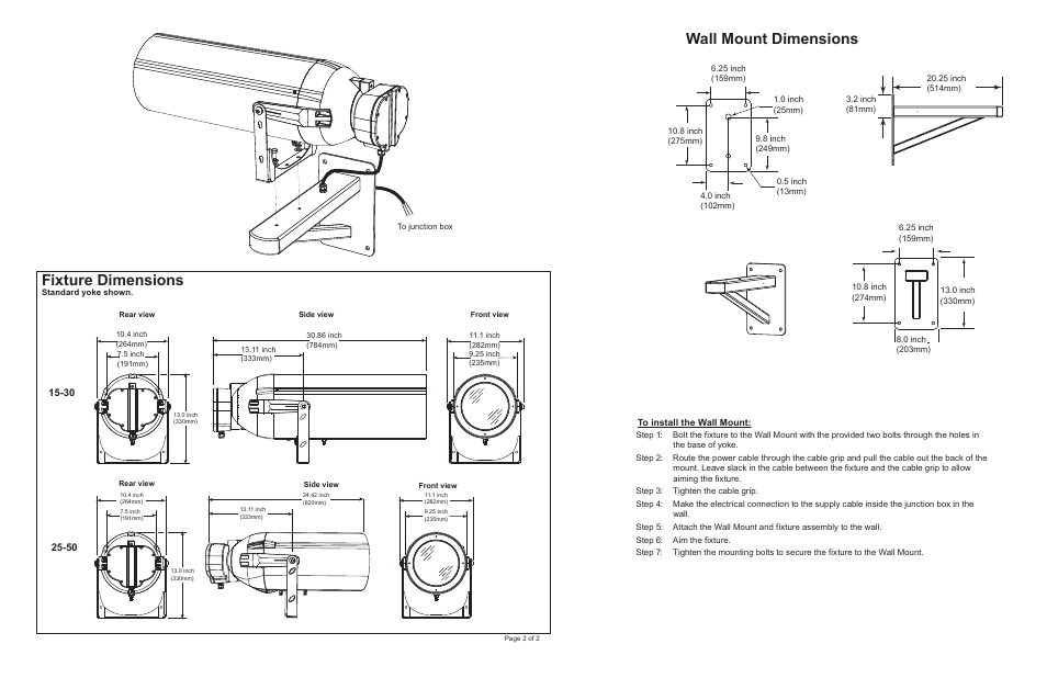 Fixture dimensions, Wall mount dimensions | ETC Source Four XT HID Zoom Wall Mount User Manual | Page 2 / 2