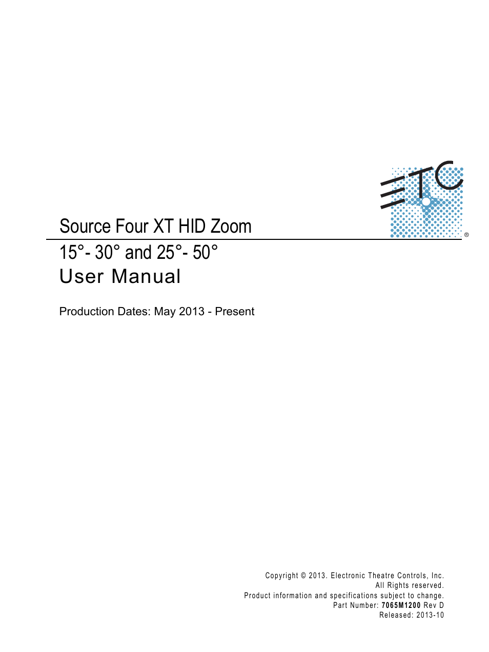 ETC Source Four XT HID Zoom User Manual User Manual | 20 pages