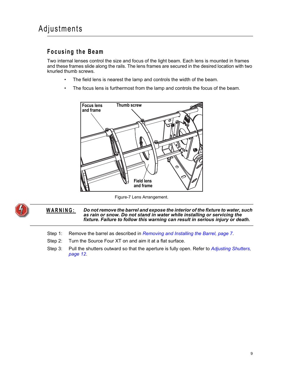 Adjustments, Focusing the beam | ETC Source Four XT HID Zoom User Manual User Manual | Page 11 / 20