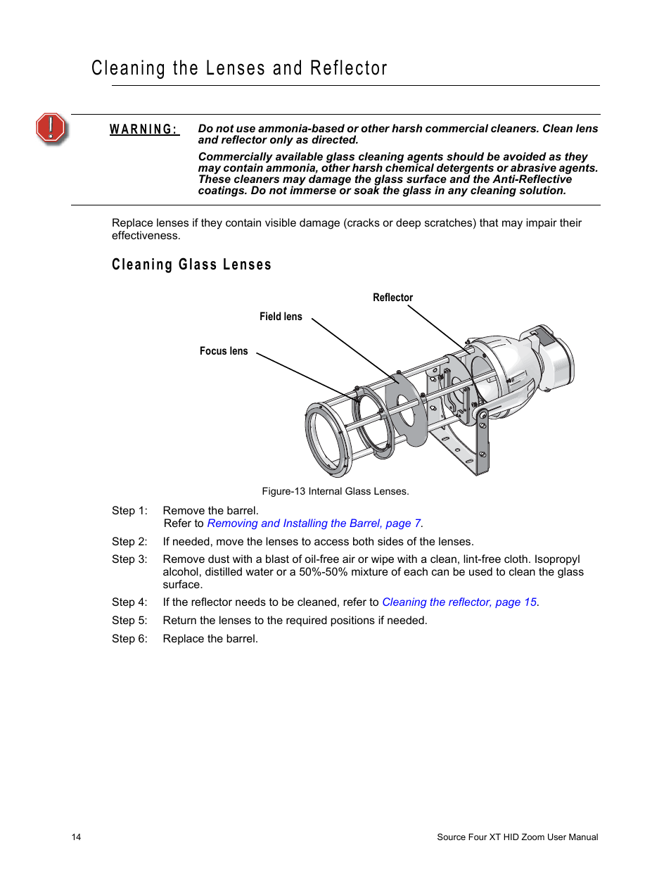 Cleaning the lenses and reflector, Cleaning glass lenses | ETC Source Four XT HID Zoom User Manual User Manual | Page 16 / 20