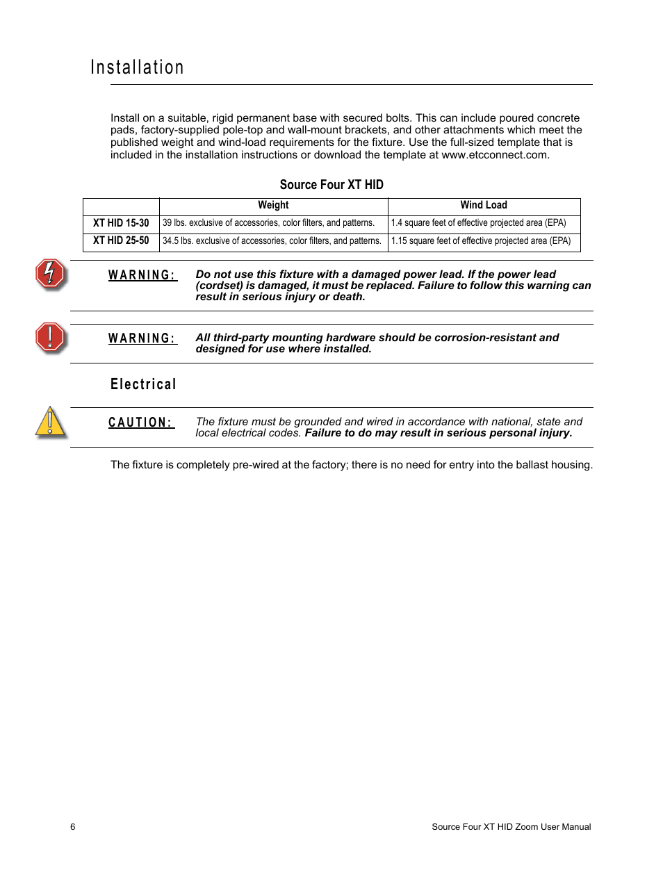 Installation, Electrical | ETC Source Four XT HID Zoom User Manual User Manual | Page 8 / 20