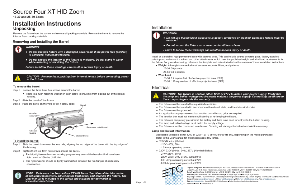 ETC Source Four XT HID Zoom Installation Instructions User Manual | 2 pages