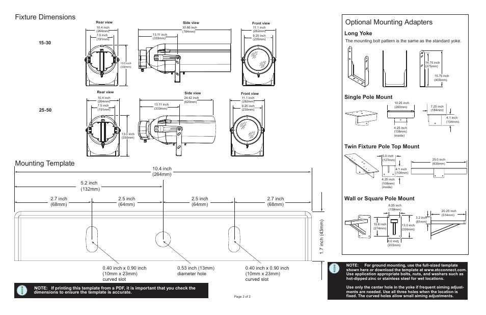 Fixture dimensions mounting template, Optional mounting adapters, Long yoke | ETC Source Four XT HID Zoom Installation Instructions User Manual | Page 2 / 2