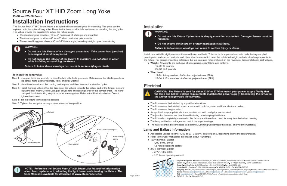 ETC Source Four XT HID Zoom Long Yoke User Manual | 2 pages