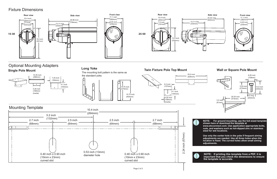 Fixture dimensions mounting template, Optional mounting adapters, Long yoke | Single pole mount, Twin fixture pole top mount, Wall or square pole mount | ETC Source Four XT HID Zoom Long Yoke User Manual | Page 2 / 2