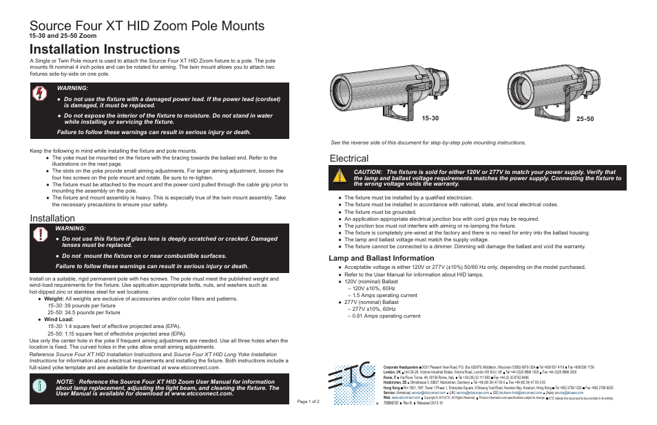 ETC Source Four XT HID Zoom Pole Mount User Manual | 2 pages