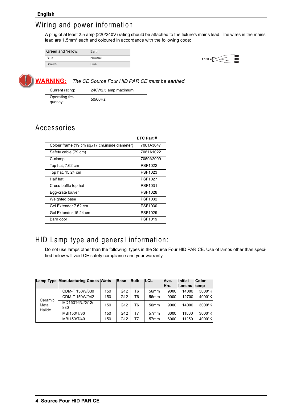 Wiring and power information, Accessories, Hid lamp type and general information | Accessories hid lamp type and general information, Warning | ETC Source Four CE HID PAR User Manual | Page 4 / 12