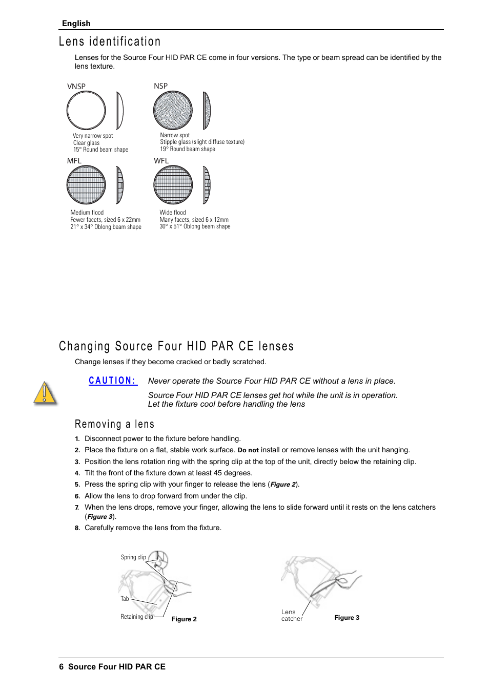 Lens identification, Changing source four hid par ce lenses, Removing a lens | ETC Source Four CE HID PAR User Manual | Page 6 / 12