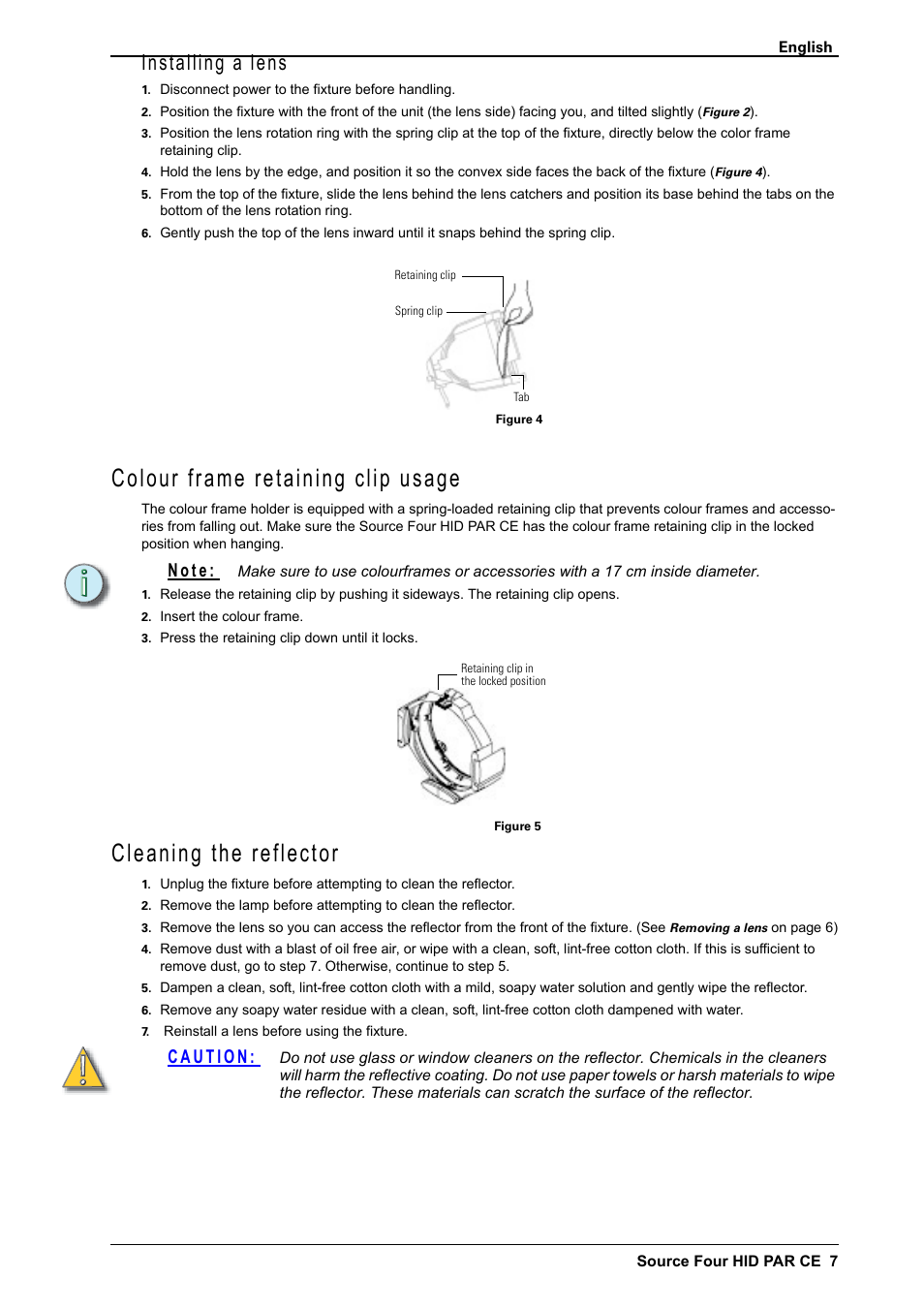 Colour frame retaining clip usage, Cleaning the reflector, Installing a lens | N o t e | ETC Source Four CE HID PAR User Manual | Page 7 / 12