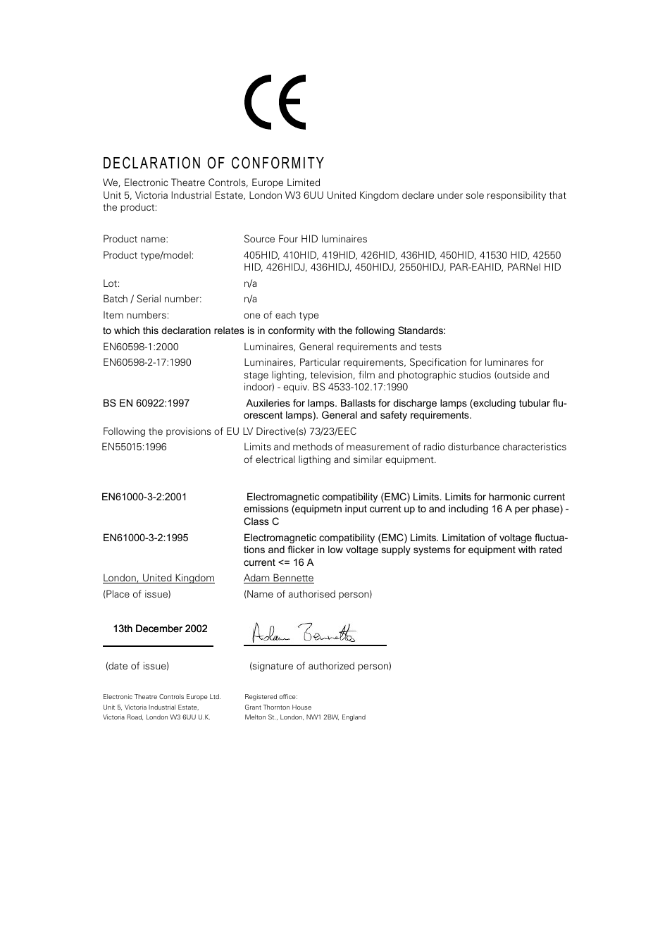 Declaration of conformity | ETC Source Four CE HID PARNel User Manual | Page 2 / 12