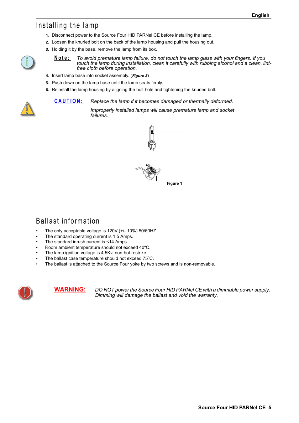 Installing the lamp, Ballast information, N o t e | Warning | ETC Source Four CE HID PARNel User Manual | Page 5 / 12