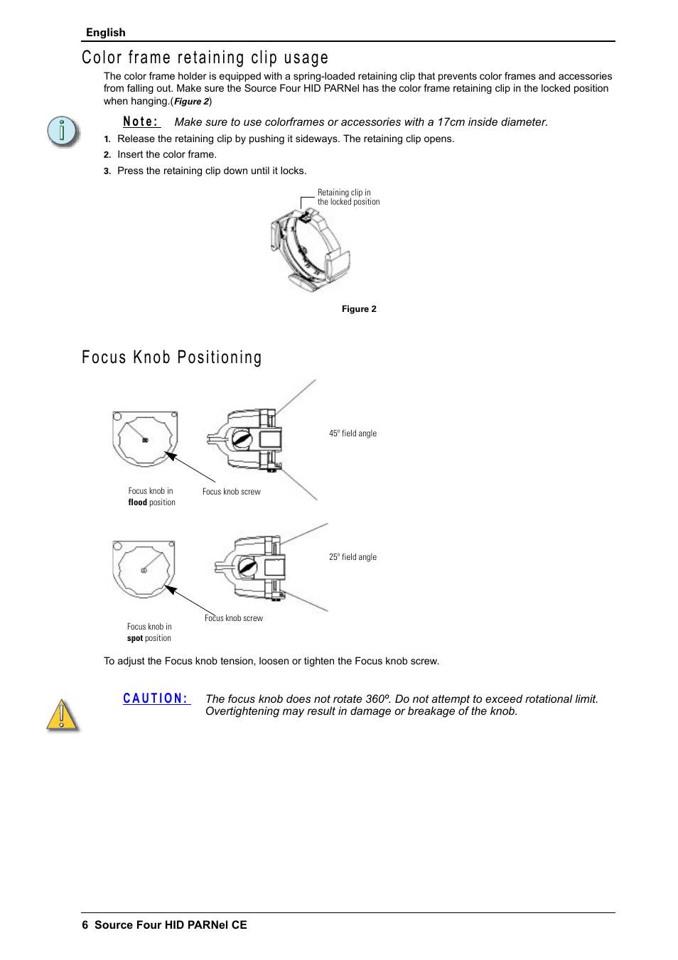 Color frame retaining clip usage, Focus knob positioning, N o t e | ETC Source Four CE HID PARNel User Manual | Page 6 / 12