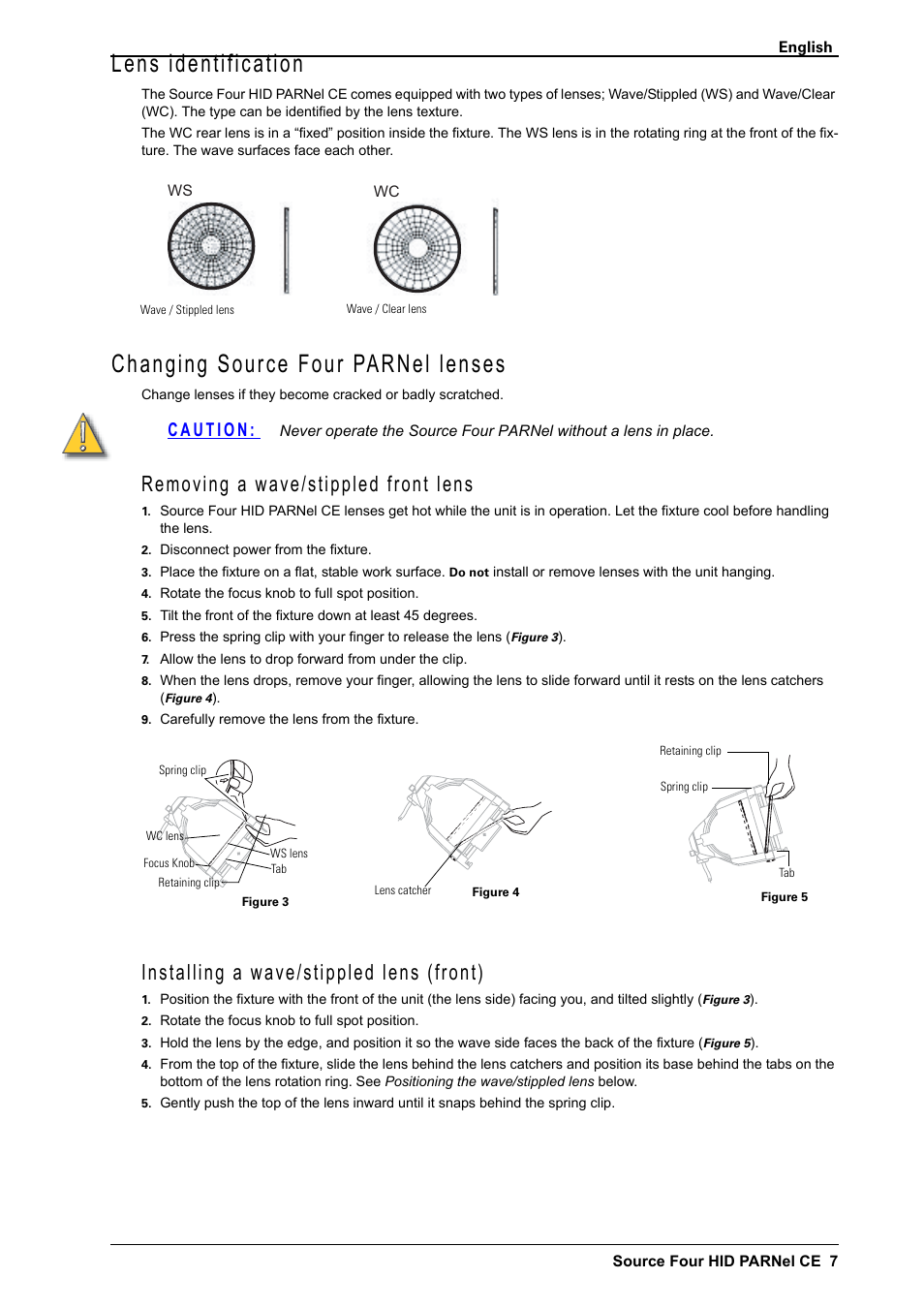 Lens identification, Changing source four parnel lenses, Removing a wave/stippled front lens | Installing a wave/stippled lens (front) | ETC Source Four CE HID PARNel User Manual | Page 7 / 12