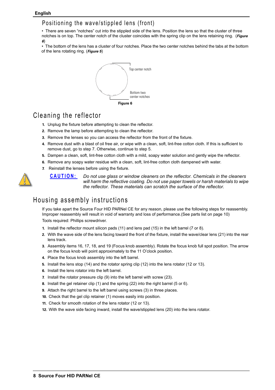 Cleaning the reflector, Housing assembly instructions, Positioning the wave/stippled lens (front) | ETC Source Four CE HID PARNel User Manual | Page 8 / 12