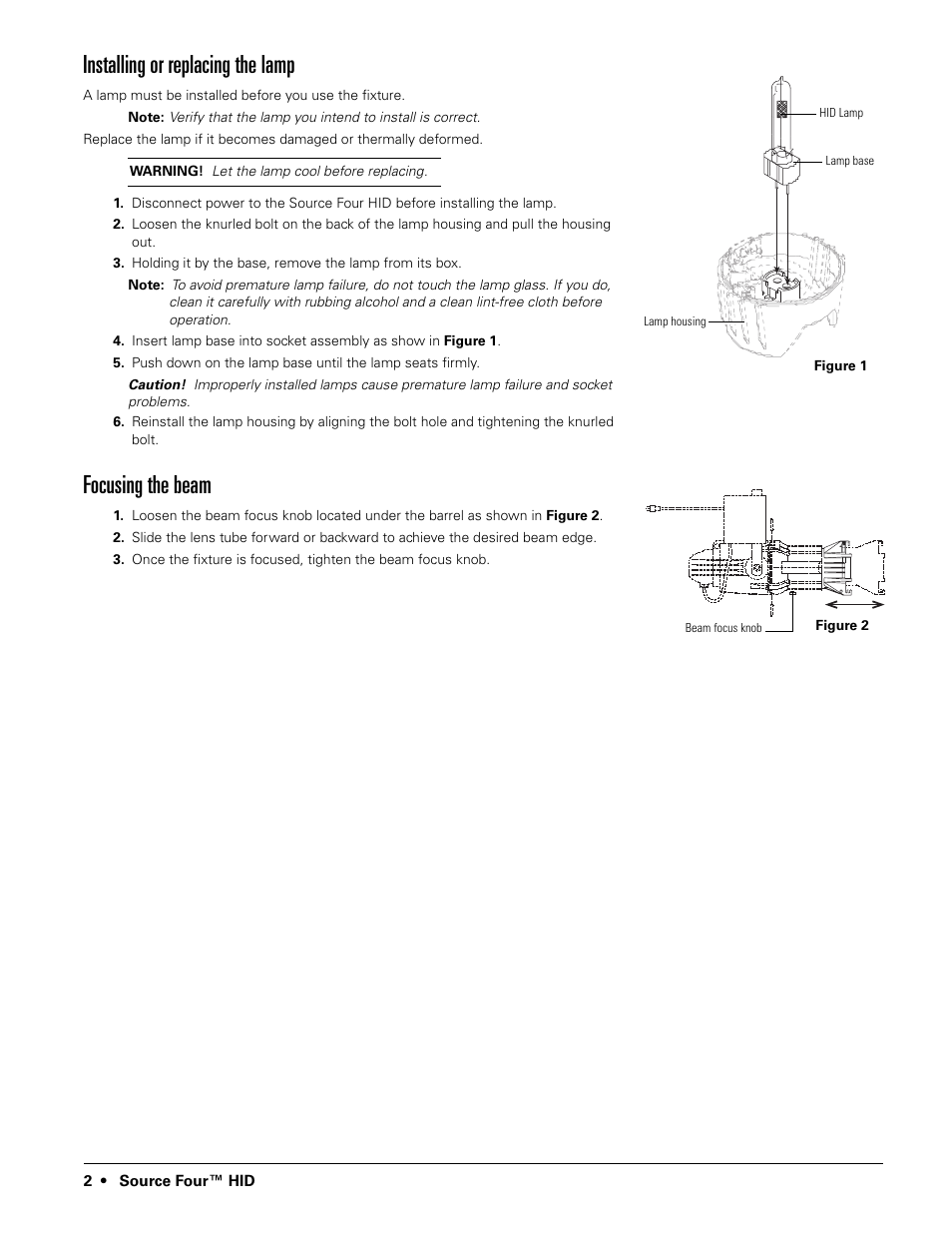 Installing or replacing the lamp, Focusing the beam | ETC Source Four HID User Manual | Page 2 / 8