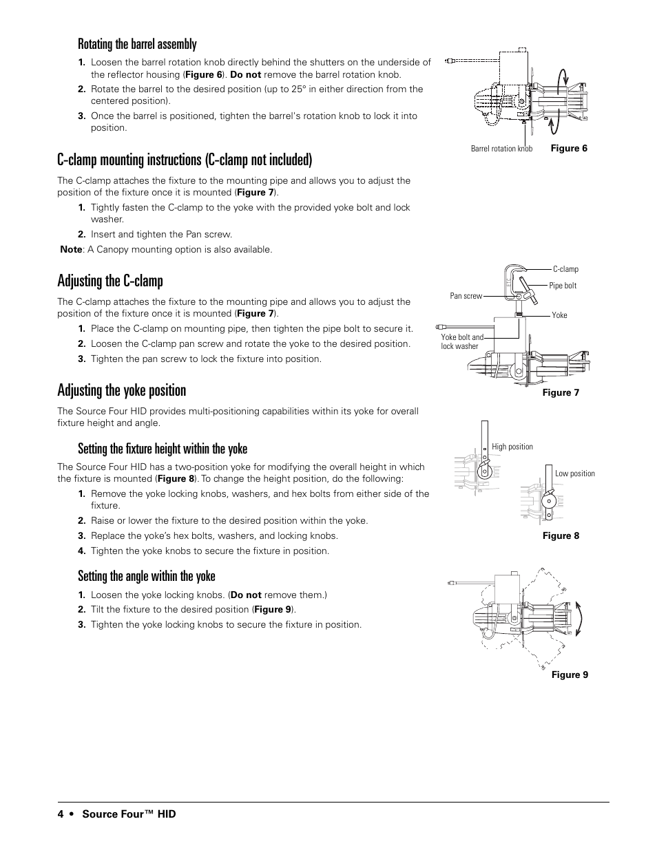 Rotating the barrel assembly, Adjusting the c-clamp, Adjusting the yoke position | Setting the fixture height within the yoke, Setting the angle within the yoke | ETC Source Four HID User Manual | Page 4 / 8