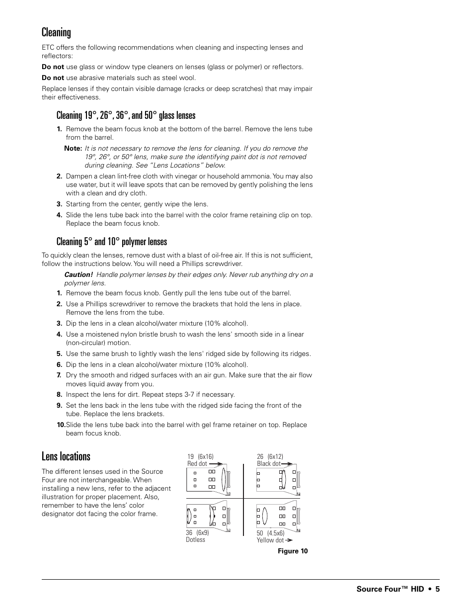 Cleaning, Cleaning 19°, 26°, 36°, and 50° glass lenses, Cleaning 5° and 10° polymer lenses | Lens locations | ETC Source Four HID User Manual | Page 5 / 8