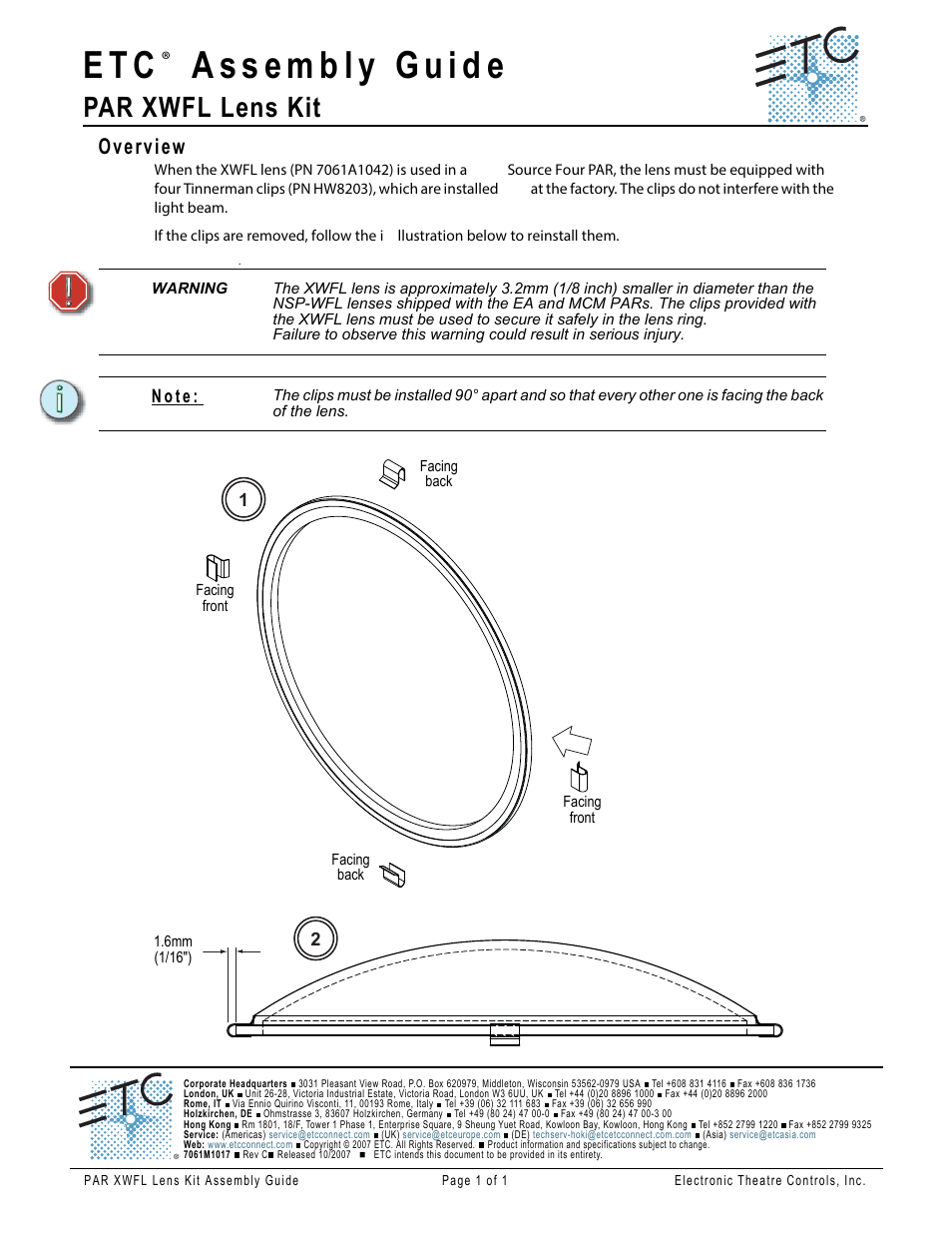 ETC Source Four PAR XWFL Lens Kit Assembly Guide User Manual | 1 page