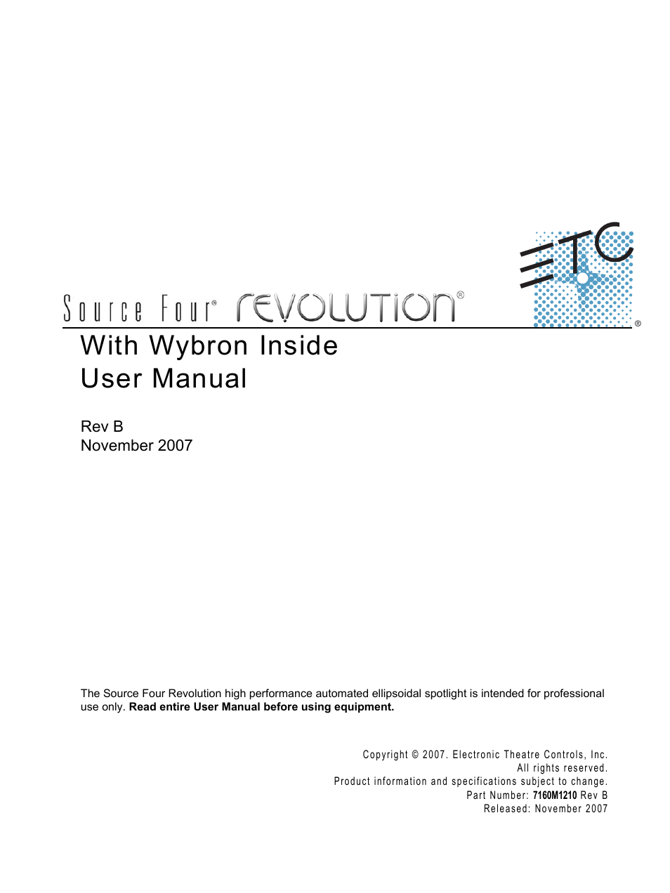 ETC Source Four Revolution with Wybron User Manual | 52 pages