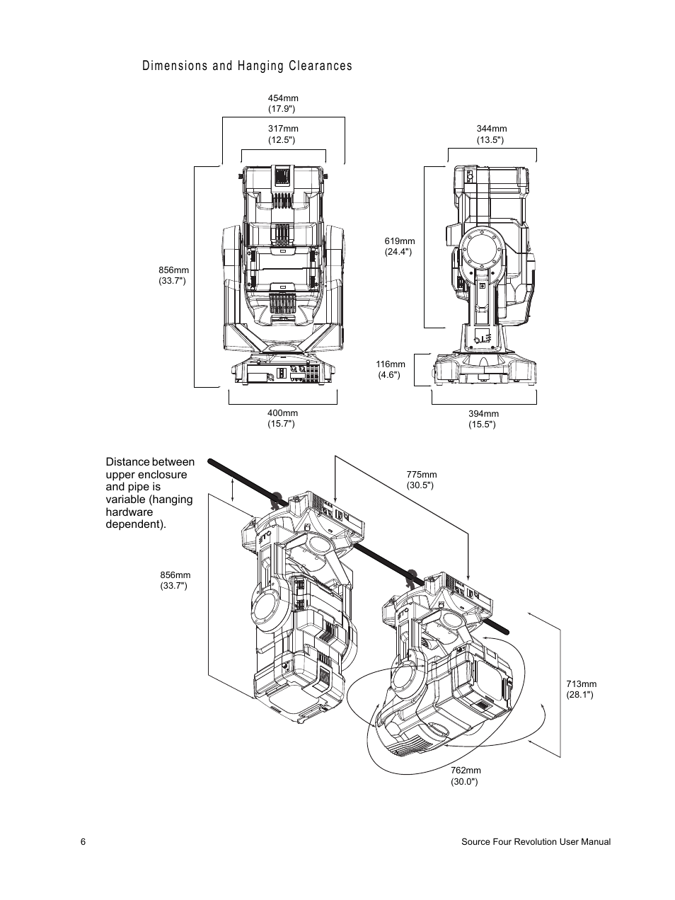 Dimensions and hanging clearances | ETC Source Four Revolution with Wybron User Manual | Page 10 / 52