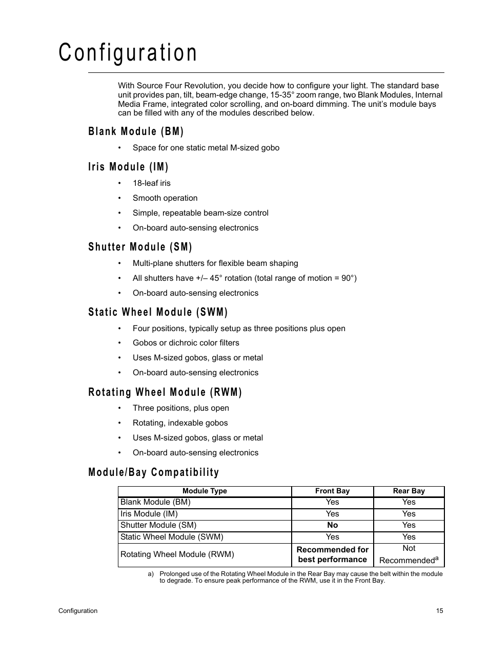 Configuration, Blank module (bm), Iris module (im) | Shutter module (sm), Static wheel module (swm), Rotating wheel module (rwm), Module/bay compatibility | ETC Source Four Revolution with Wybron User Manual | Page 19 / 52