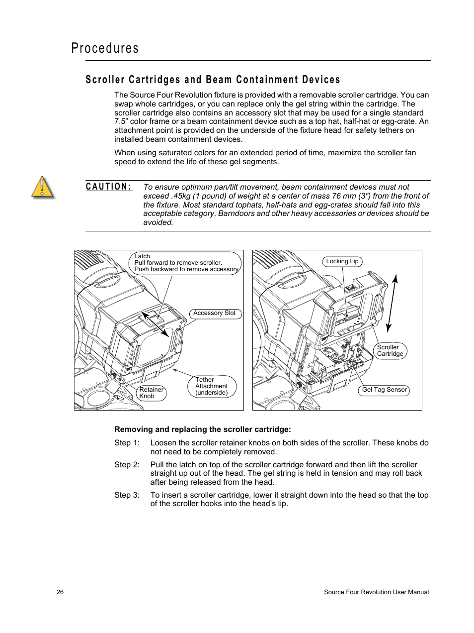 Procedures, Scroller cartridges and beam containment devices | ETC Source Four Revolution with Wybron User Manual | Page 30 / 52