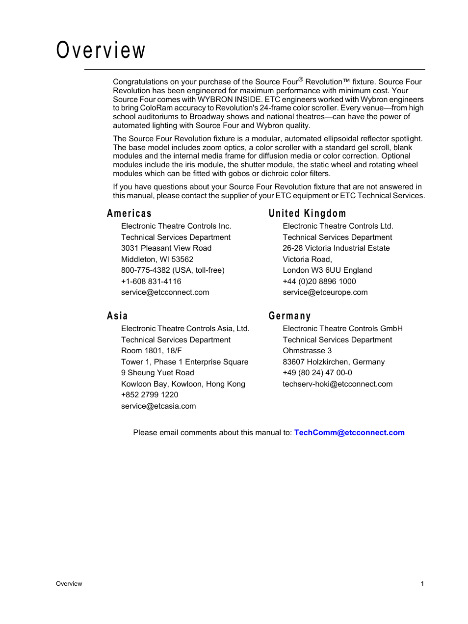 Overview, Americas united kingdom, Asia germany | ETC Source Four Revolution with Wybron User Manual | Page 5 / 52