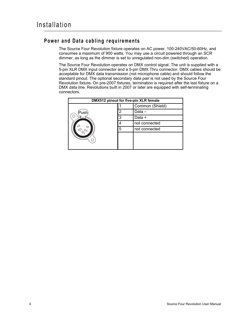 Installation, Power and data cabling requirements | ETC Source Four Revolution with Wybron User Manual | Page 8 / 52