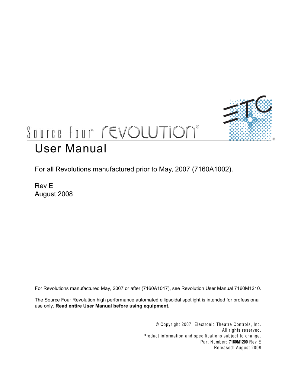 ETC Source Four Revolution User Manual | 48 pages