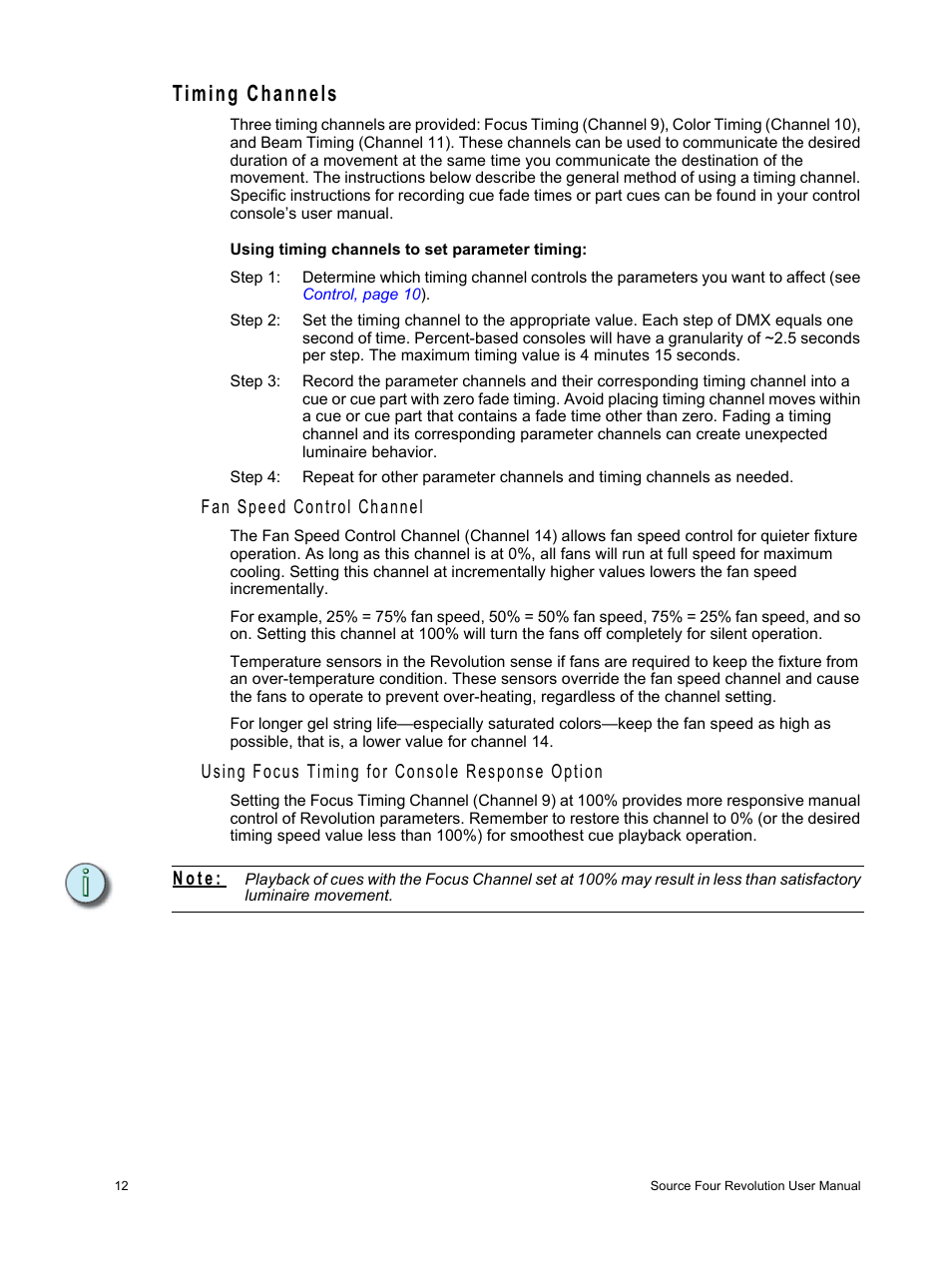 Timing channels, Fan speed control channel, Using focus timing for console response option | N o t e | ETC Source Four Revolution User Manual | Page 16 / 48