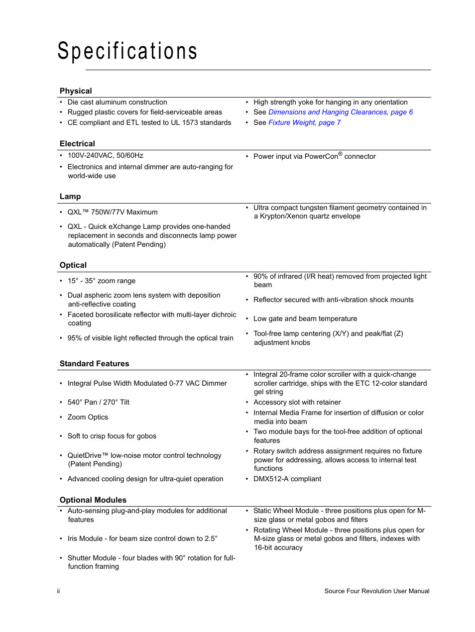 Specifications | ETC Source Four Revolution User Manual | Page 4 / 48