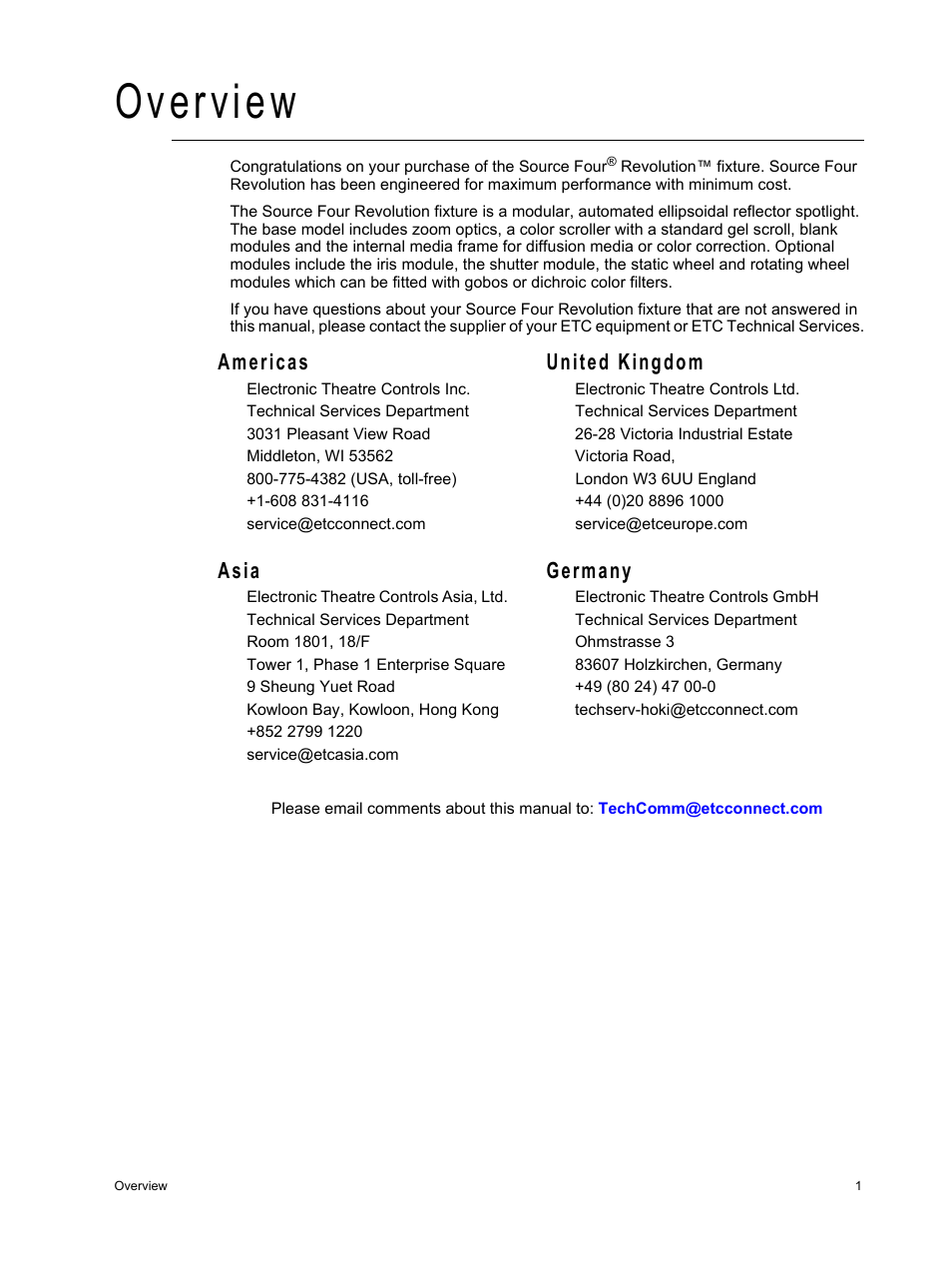 Overview, Americas united kingdom, Asia germany | ETC Source Four Revolution User Manual | Page 5 / 48