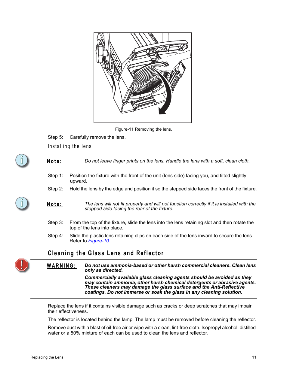 Cleaning the glass lens and reflector, Installing the lens, N o t e | ETC Source Four Fresnel User Manual | Page 15 / 16