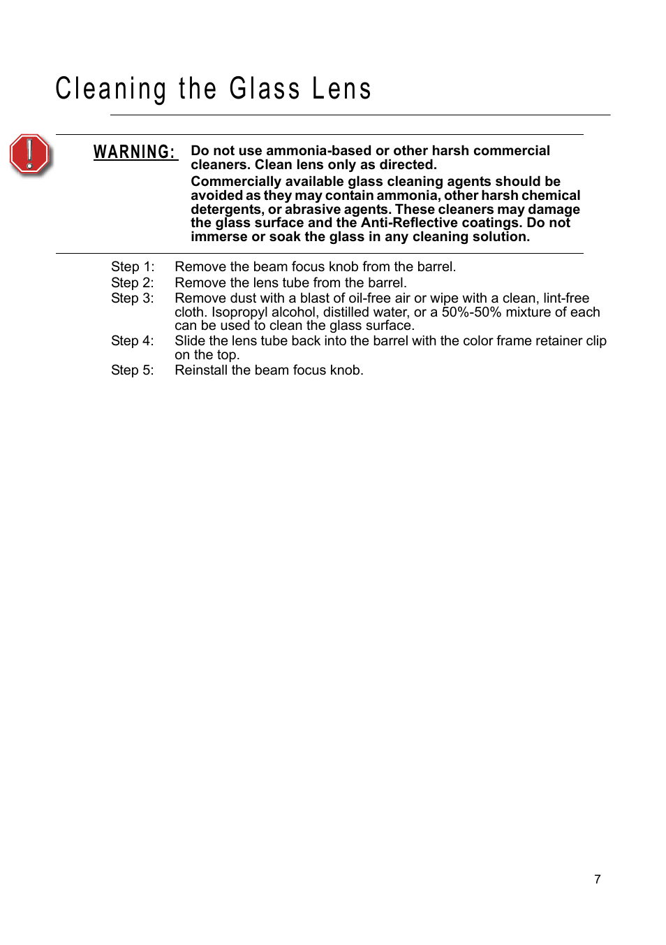 Cleaning the glass lens, Warning | ETC Source Four Mini LED User Manual | Page 10 / 12
