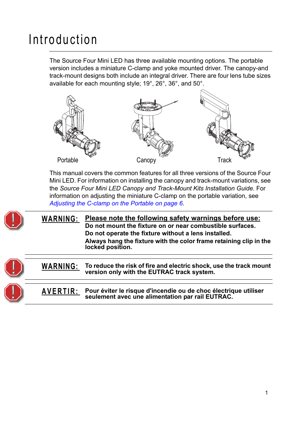 Introduction, Warning | ETC Source Four Mini LED User Manual | Page 4 / 12