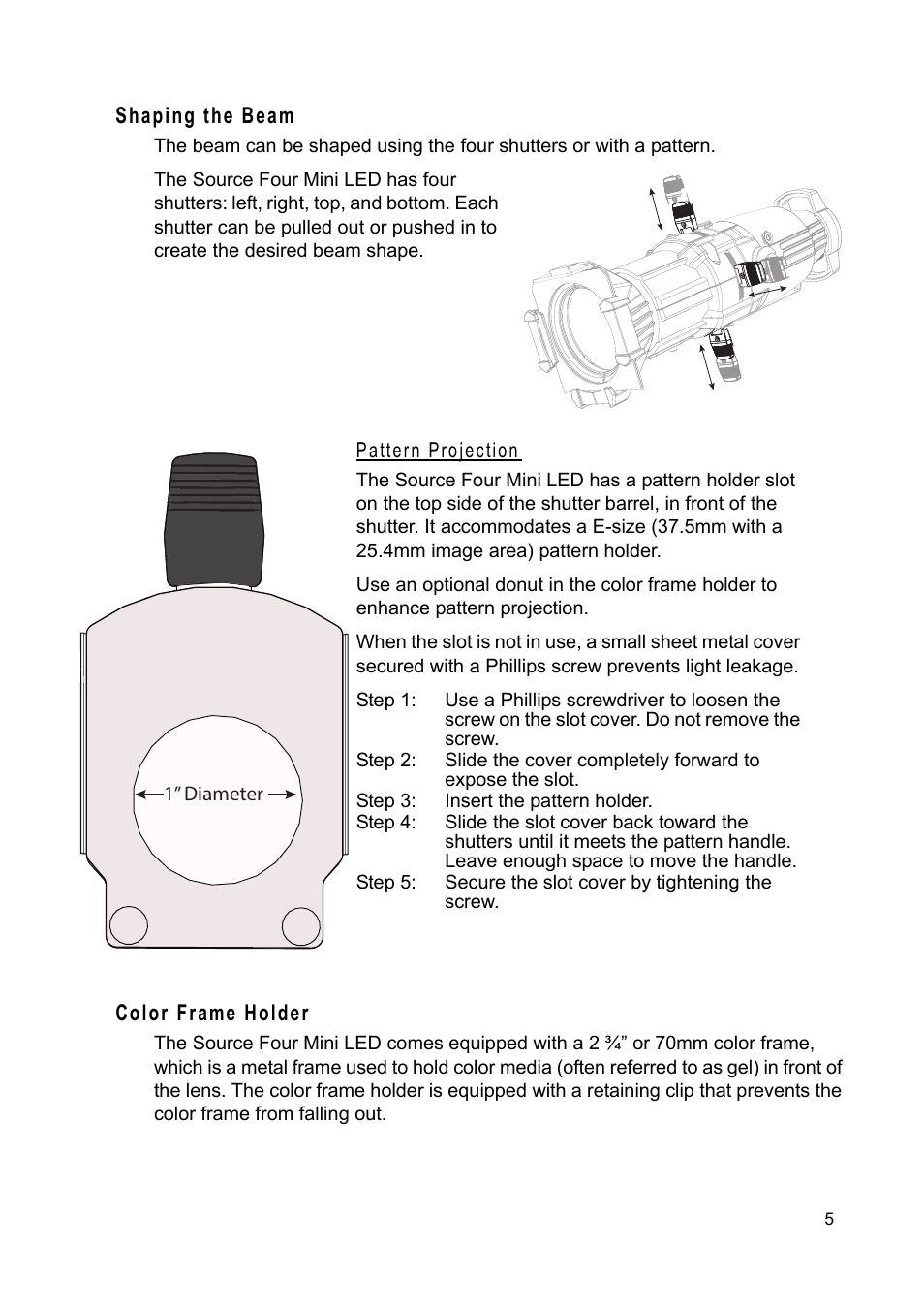 Shaping the beam, Pattern projection, Color frame holder | ETC Source Four Mini LED User Manual | Page 8 / 12