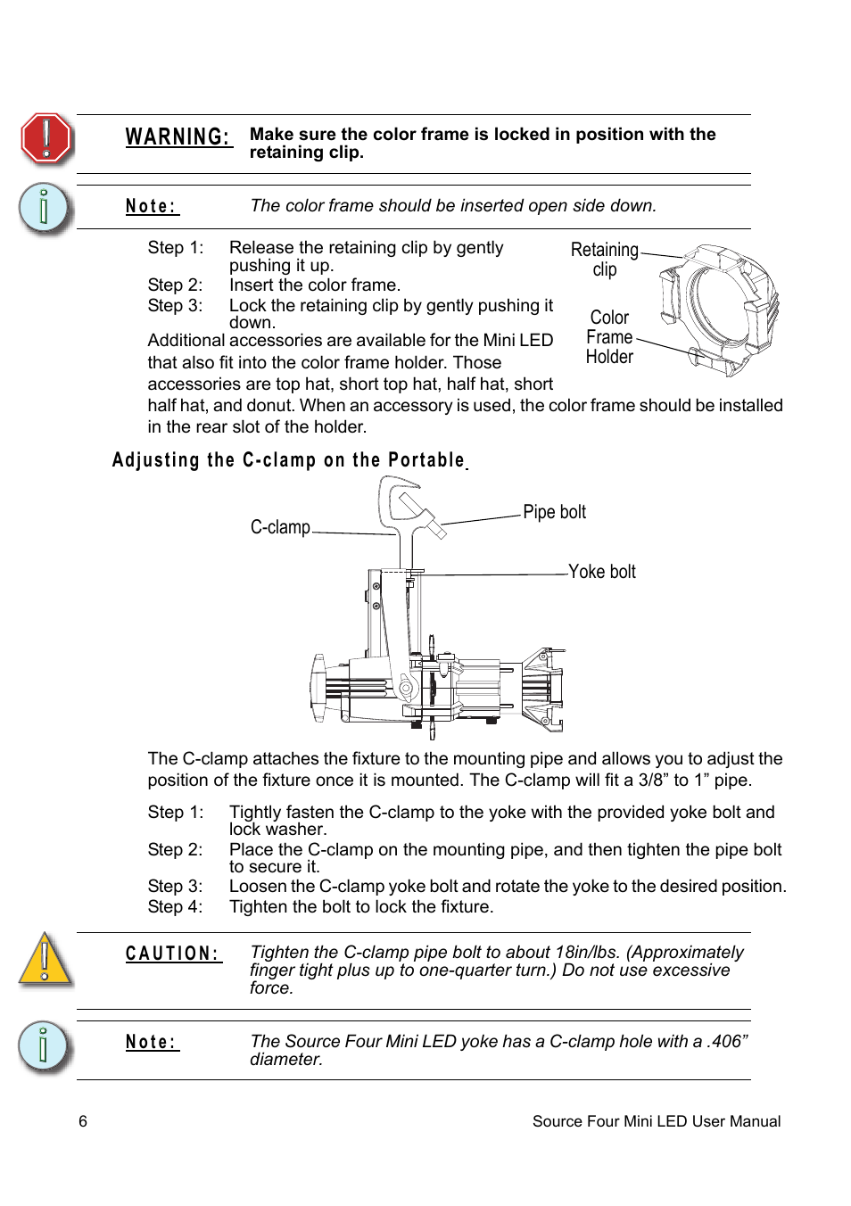 Adjusting the c-clamp on the portable, Warning | ETC Source Four Mini LED User Manual | Page 9 / 12