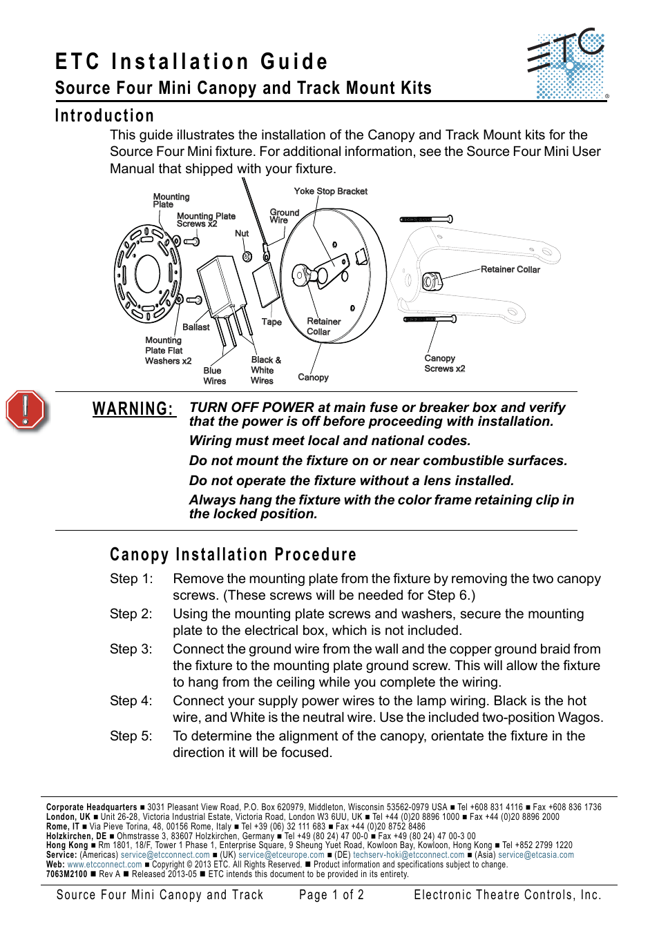 ETC Source Four Mini Canopy and Track Mount User Manual | 2 pages