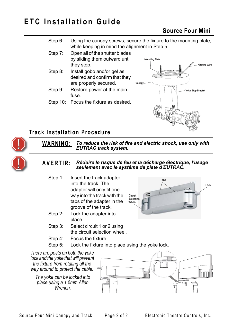 Track installation procedure, Source four mini, Warning | ETC Source Four Mini Canopy and Track Mount User Manual | Page 2 / 2