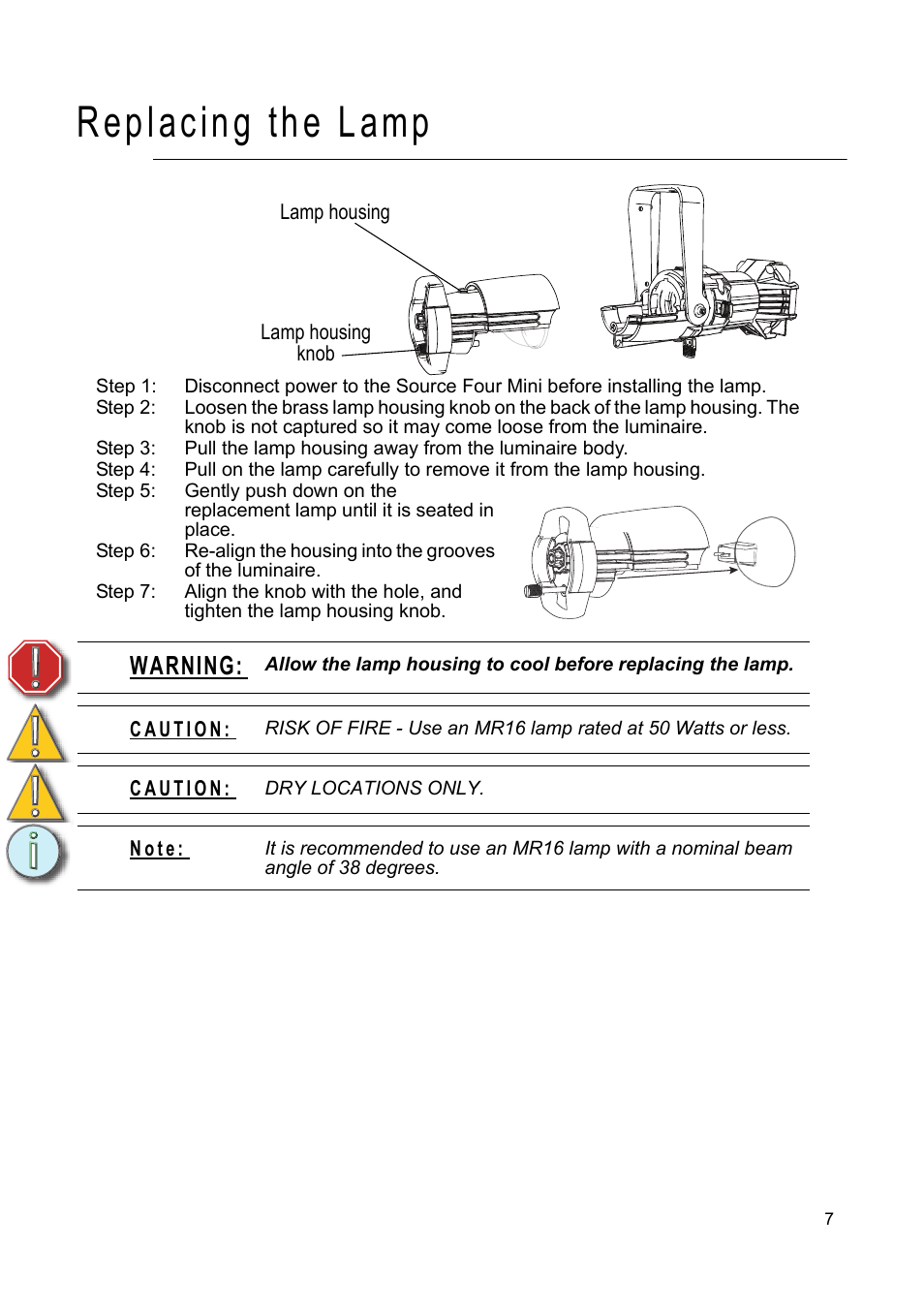 Replacing the lamp, Warning | ETC Source Four CE Mini User Manual | Page 10 / 12