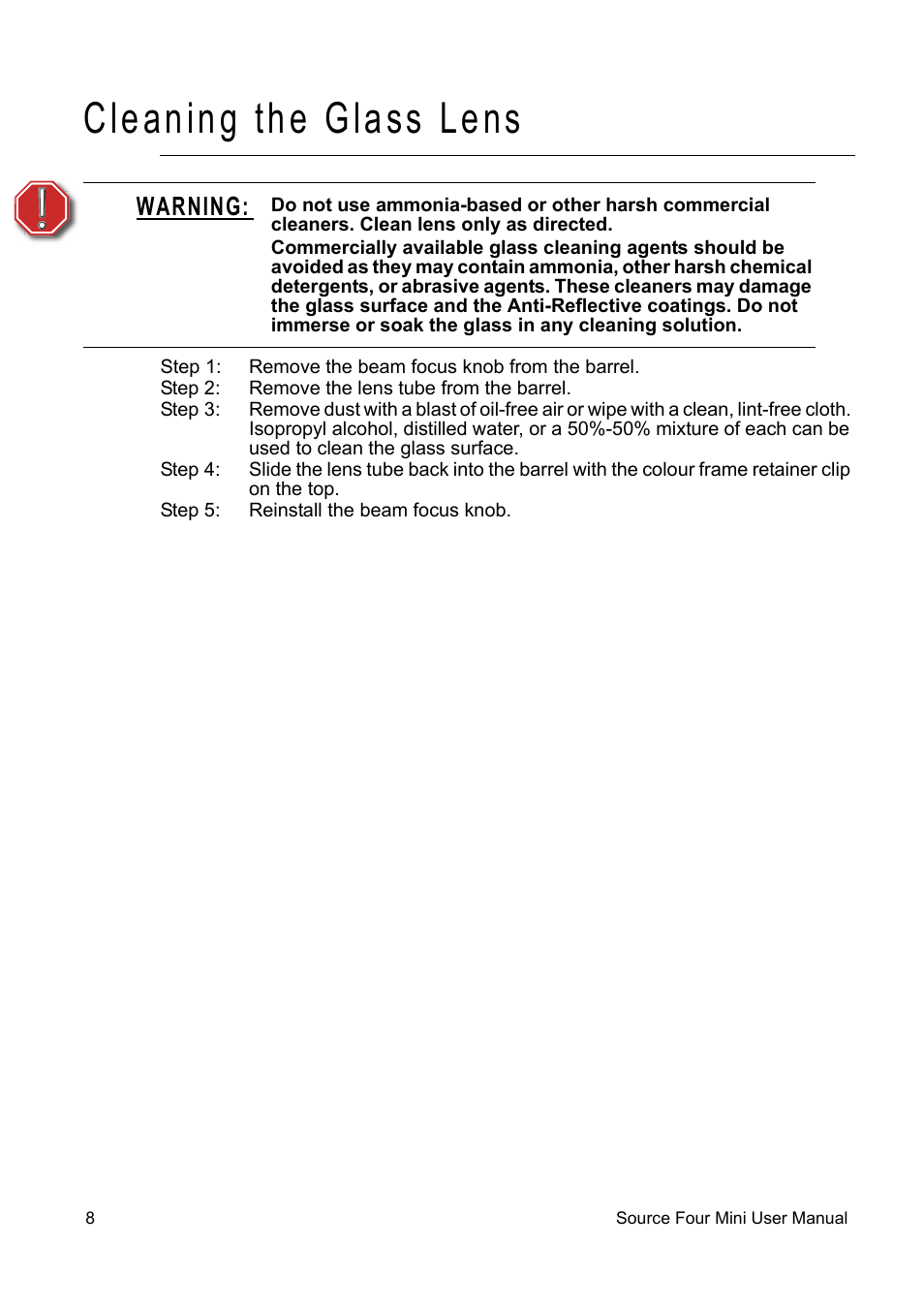 Cleaning the glass lens, Warning | ETC Source Four CE Mini User Manual | Page 11 / 12