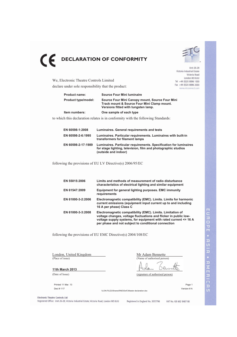 Declaration of conformity, London, united kingdom mr adam bennette | ETC Source Four CE Mini User Manual | Page 3 / 12