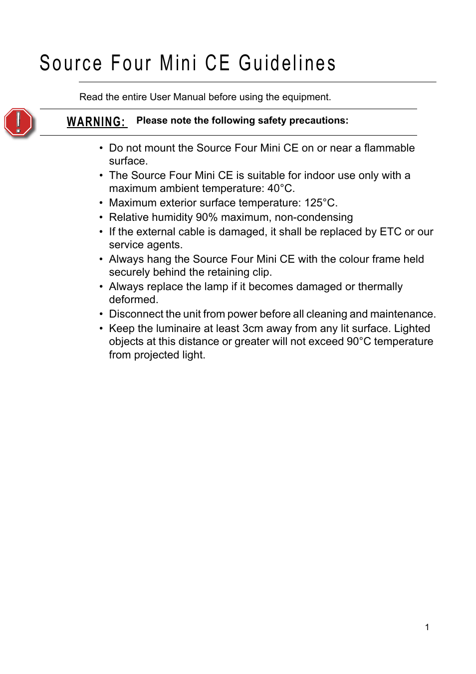 Source four mini ce guidelines, Warning | ETC Source Four CE Mini User Manual | Page 4 / 12