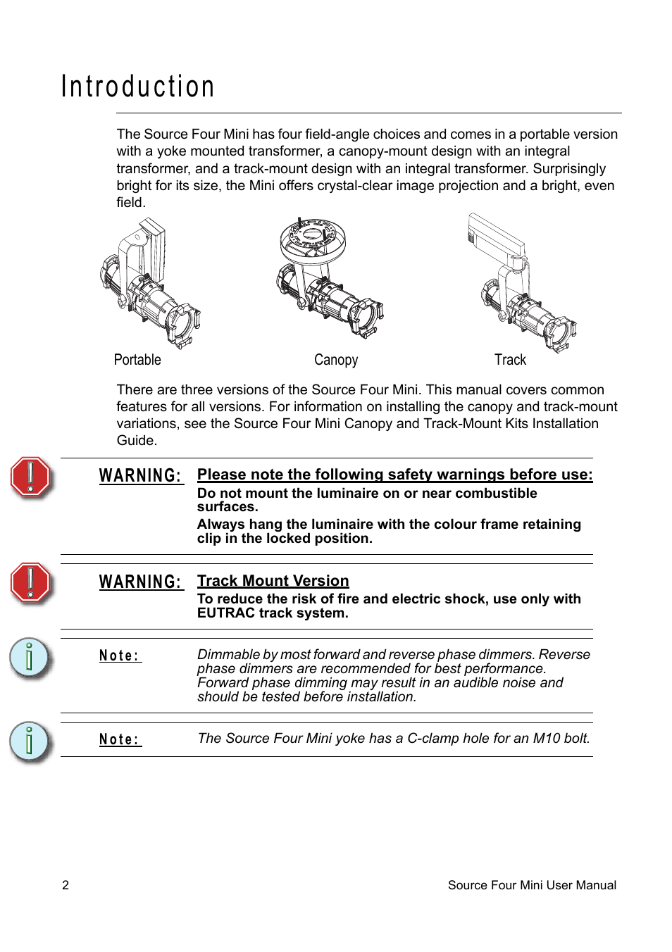 Introduction, Warning | ETC Source Four CE Mini User Manual | Page 5 / 12