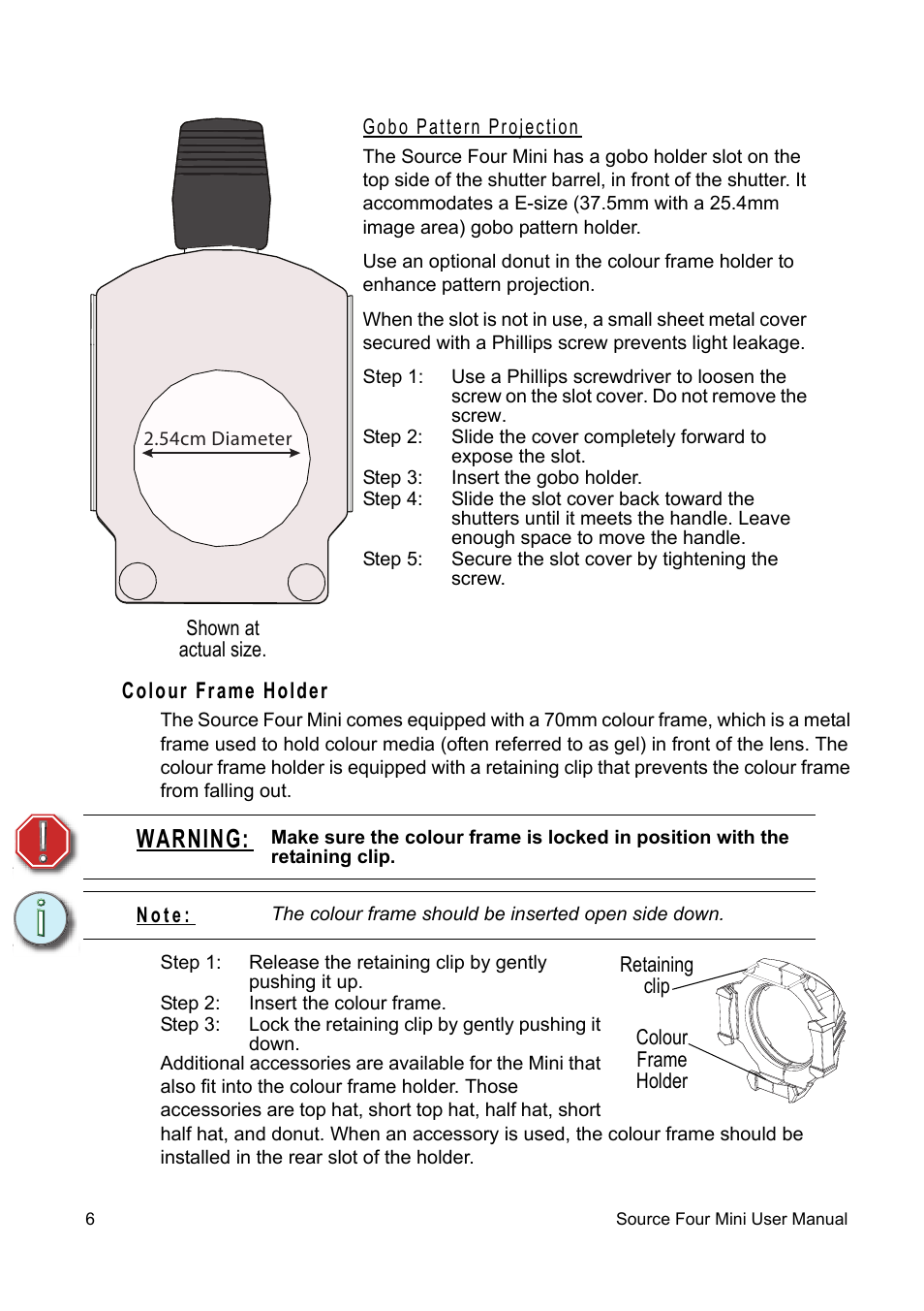 Gobo pattern projection, Colour frame holder, Warning | ETC Source Four CE Mini User Manual | Page 9 / 12